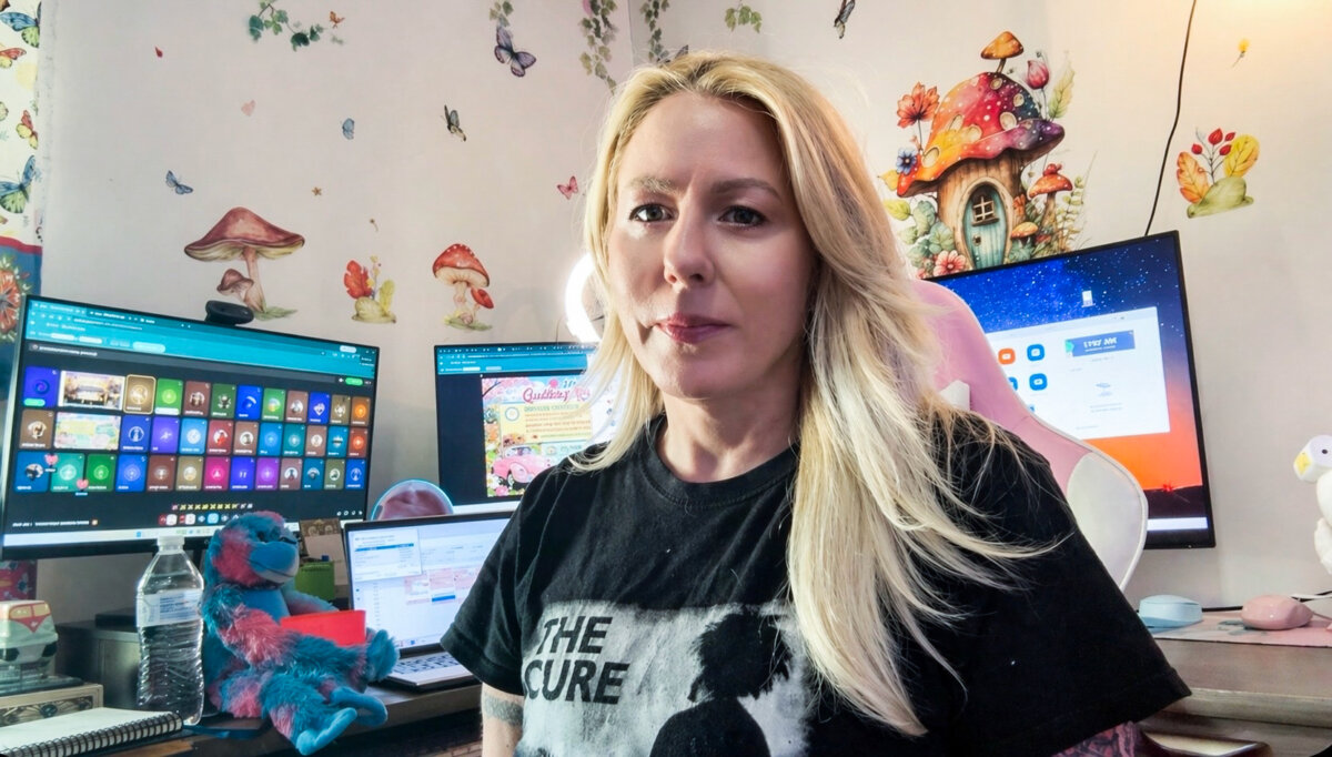 Decima Davis, 51, poses in front of computer screens she uses for her work and for her role as president of Quitting Kratom Support—There is A Way Out, a quitting-kratom support group, at her home in Mississippi. Davis said after she started taking kratom, a tropical plant often billed as a healthy pick-me-up, she couldn't stop. (Courtesy of Decima Davis)