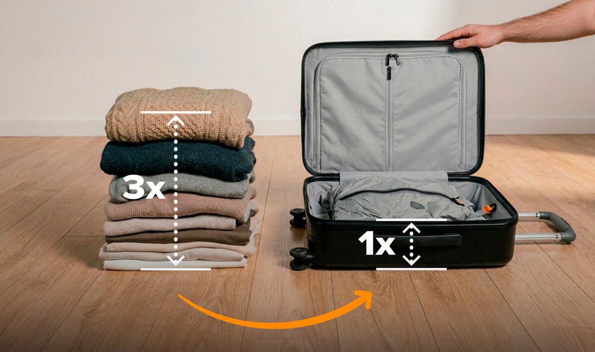 Aerless Vacuum Kit triples your luggage space and keeps your clothes Wrinkle-Free the entire trip. It also keeps your suitcase neat after you land. (Source: Aerless)