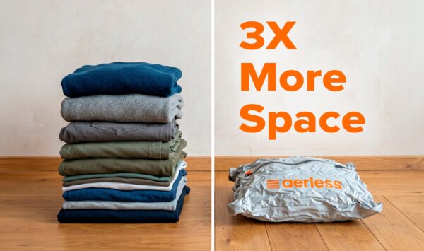 Aerless Vacuum Kit triples your luggage space and keeps your clothes Wrinkle-Free the entire trip. It also keeps your suitcase neat after you land.