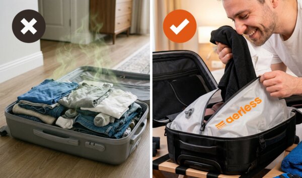 Aerless Vacuum Kit triples your luggage space and keeps your clothes Wrinkle-Free the entire trip. It also keeps your suitcase neat after you land.
