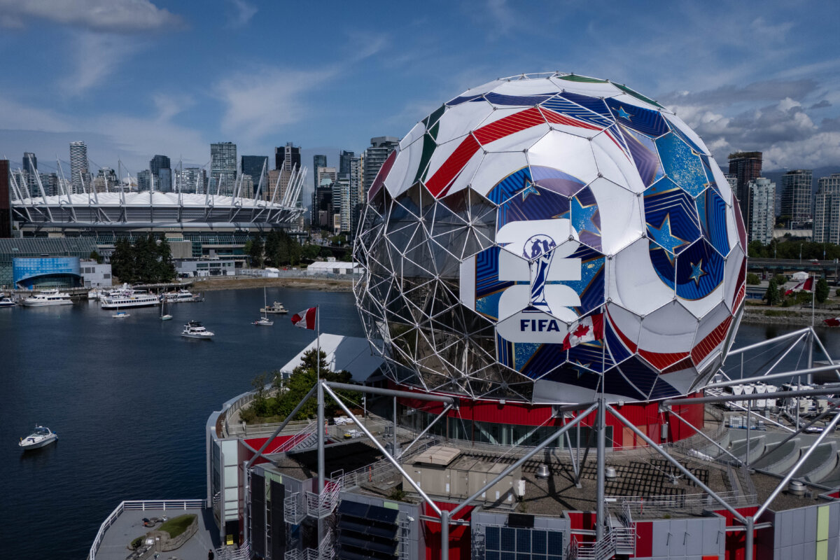 Science World is pictured wrapped as a soccer ball for the FIFA World Cup 2026 in Vancouver, on May 24, 2026. (The Canadian Press/Ethan Cairns)