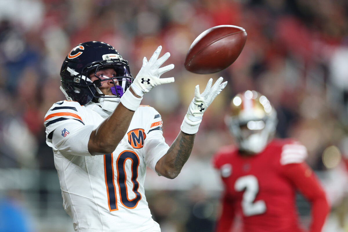 Luther Burden III #10 of the Chicago Bears catches a pass for a touchdown against the San Francisco 49ers during the first quarter of the game at Levi's Stadium in Santa Clara, Calif., on Dec. 28, 2025. (Ezra Shaw/Getty Images)
