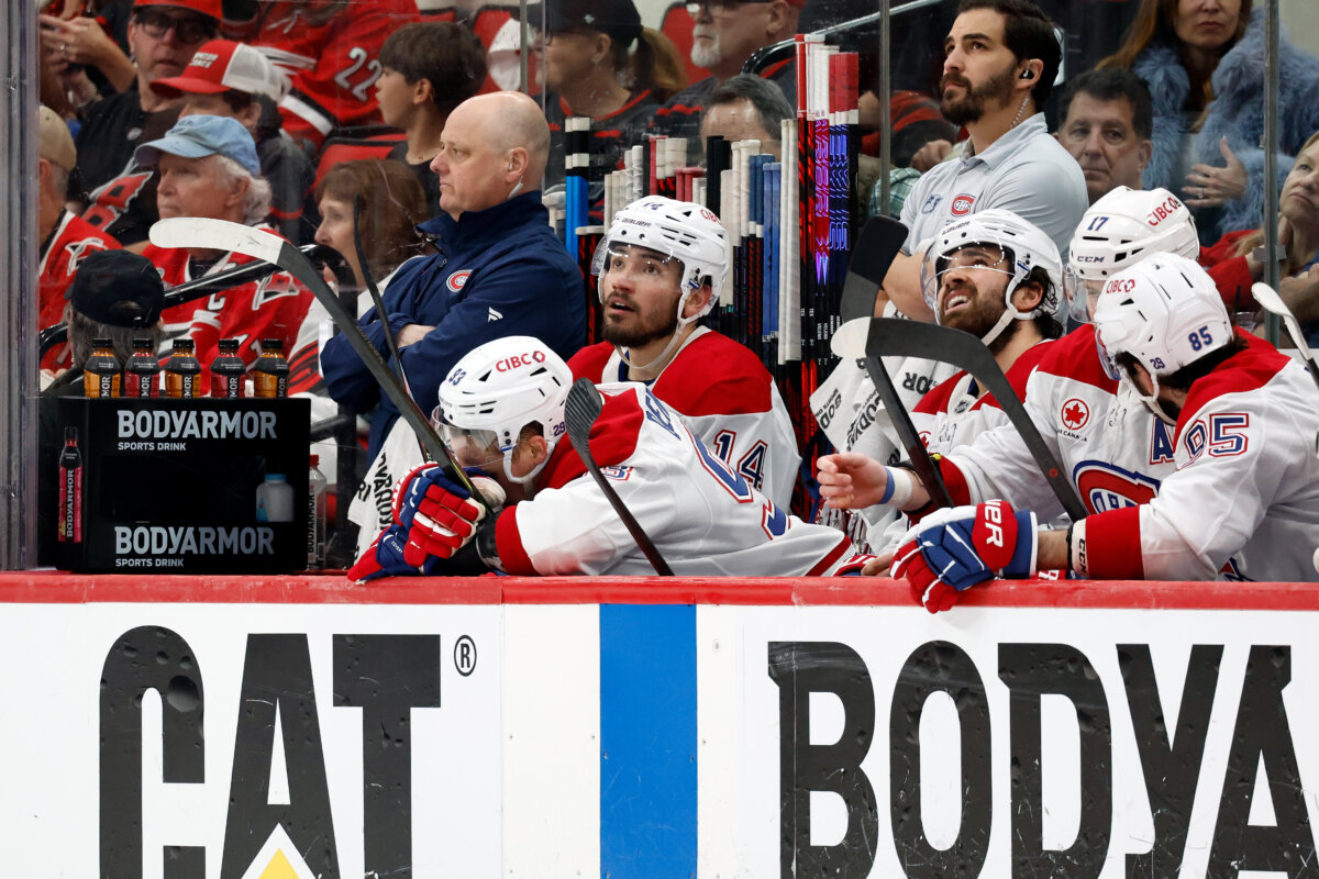 Montreal Canadiens players react to goals by the Carolina Hurricanes during the second period in Game 5 of the Eastern Conference finals NHL hockey Stanley Cup playoff series in Raleigh, N.C., on May 29, 2026. (AP Photo/Karl DeBlaker)