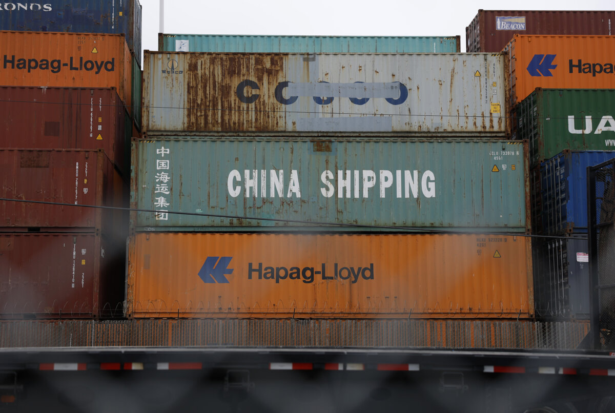 Shipping containers are stacked at the Port of Oakland in Oakland, Calif., on April 18, 2025. (Justin Sullivan/Getty Images)