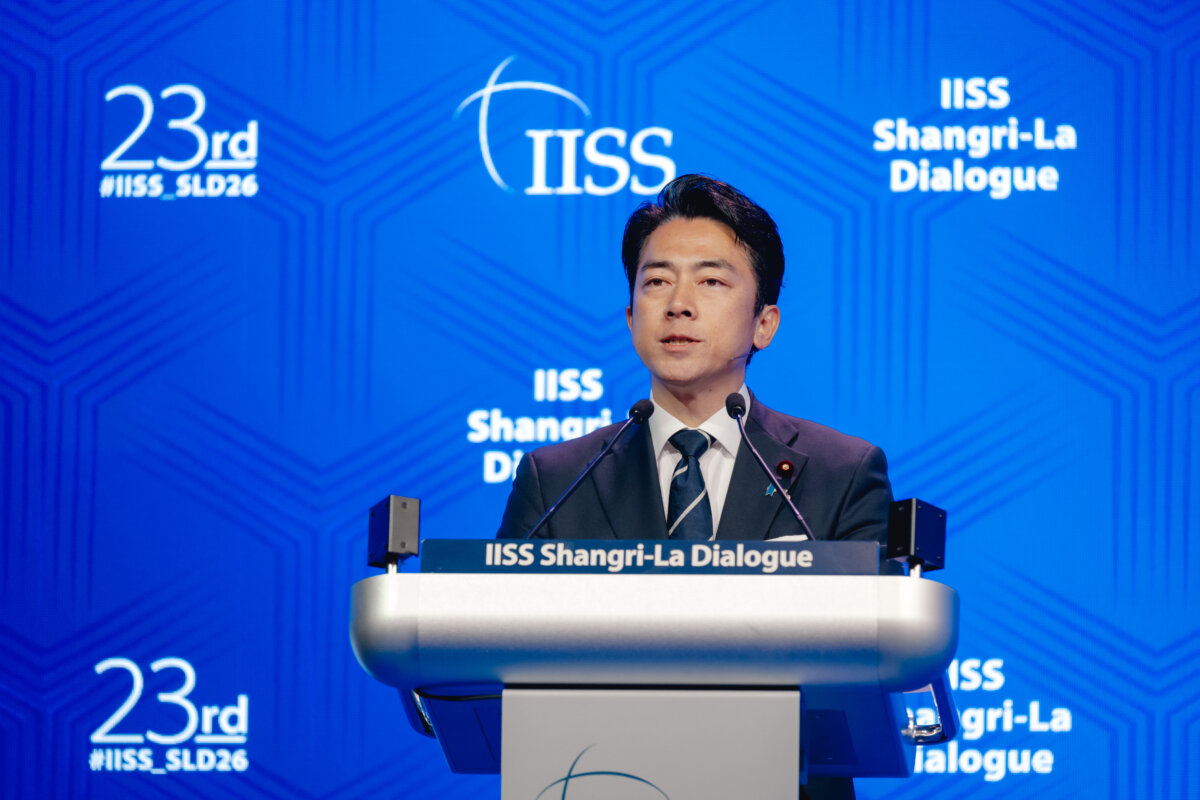 Japanese Defense Minister Shinjiro Koizumi speaks at the 2026 Shangri-La Dialogue in Singapore on May 31, 2026. (Courtesy of IISS)