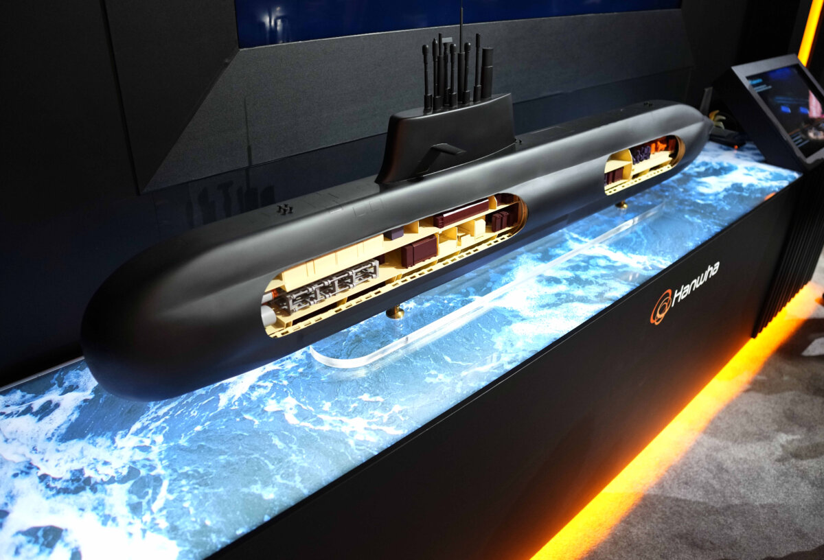 A scale model of a Hanwha Ocean KSS-III Submarine is shown at the Canadian Association of Defence and Security Industries annual defence industry trade show CANSEC, in Ottawa, on May 27, 2026. (The Canadian Press/Justin Tang)