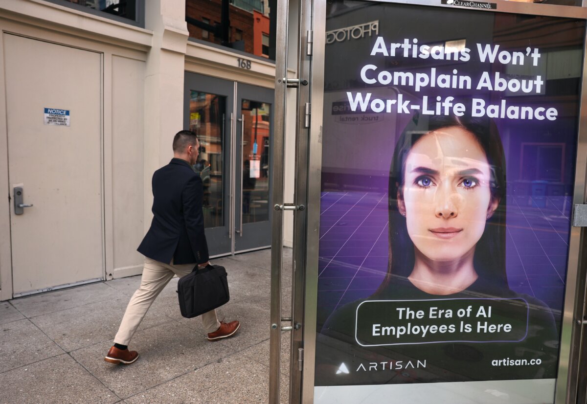 An advertisement for the AI company Artisan on 2nd Street in San Francisco on Dec. 5, 2024. (Justin Sullivan/Getty Images)