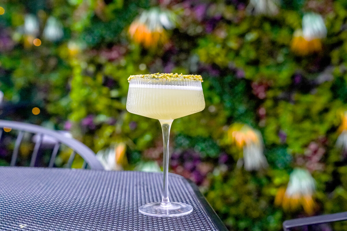 A gin-based pistachio sour from Okane bartender Elva Li, on June 17, 2026, on Okane’s rooftop, Downtown. (Alexandra Wimley/Pittsburgh Post-Gazette/TNS)