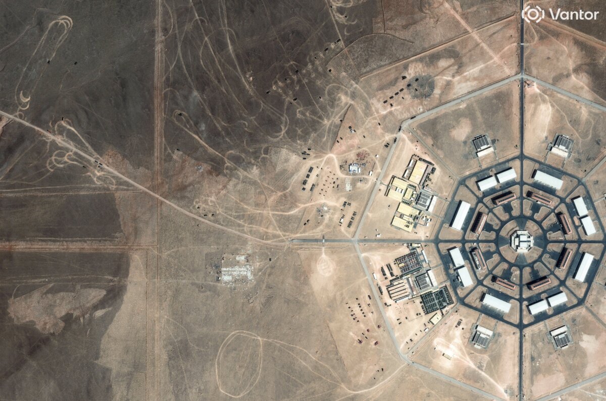 A satellite image shows military activity at the edge of the Xinjiang octagon-shaped installation in the Xinjiang region of China on May 11, 2026. (Vantor/Handout via Reuters)