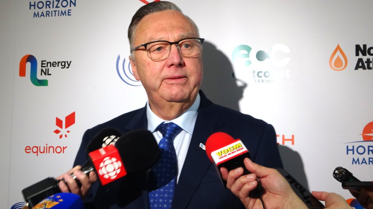 Newfoundland and Labrador Premier Tony Wakeham speaks to reporters at an energy conference in St. John's, N.L., on June 2, 2026. (The Canadian Press/Sarah Smellie)