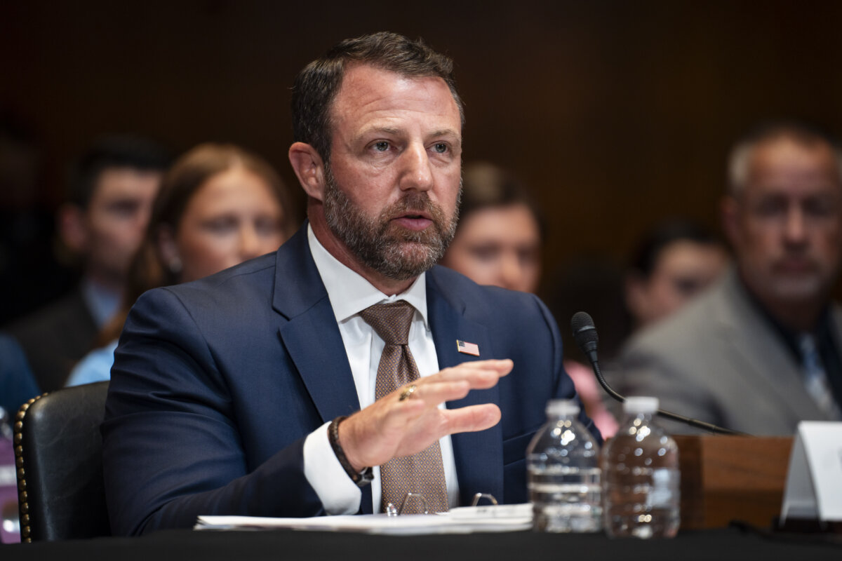 Homeland Security Secretary Markwayne Mullin testifies at a Senate hearing in Washington on June 2, 2026. (Madalina Kilroy/The Epoch Times)