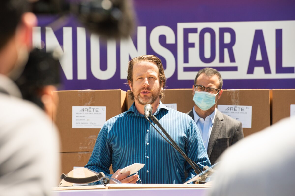 Joe Sanberg speaks at a press conference in Los Angeles on April 14, 2020. (Presley Ann/Getty Images for Emergency Supply Donor Group)