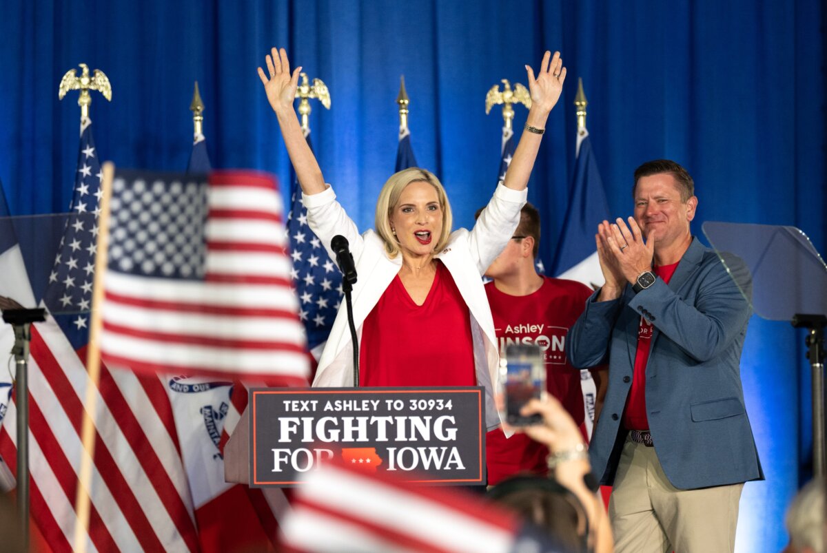 Republican Senate candidate, U.S. Rep. Ashley Hinson (R-Iowa) celebrates her primary win with her family in Cedar Rapids, Iowa, on June 2, 2026. (Stephen Maturen/Getty Images)