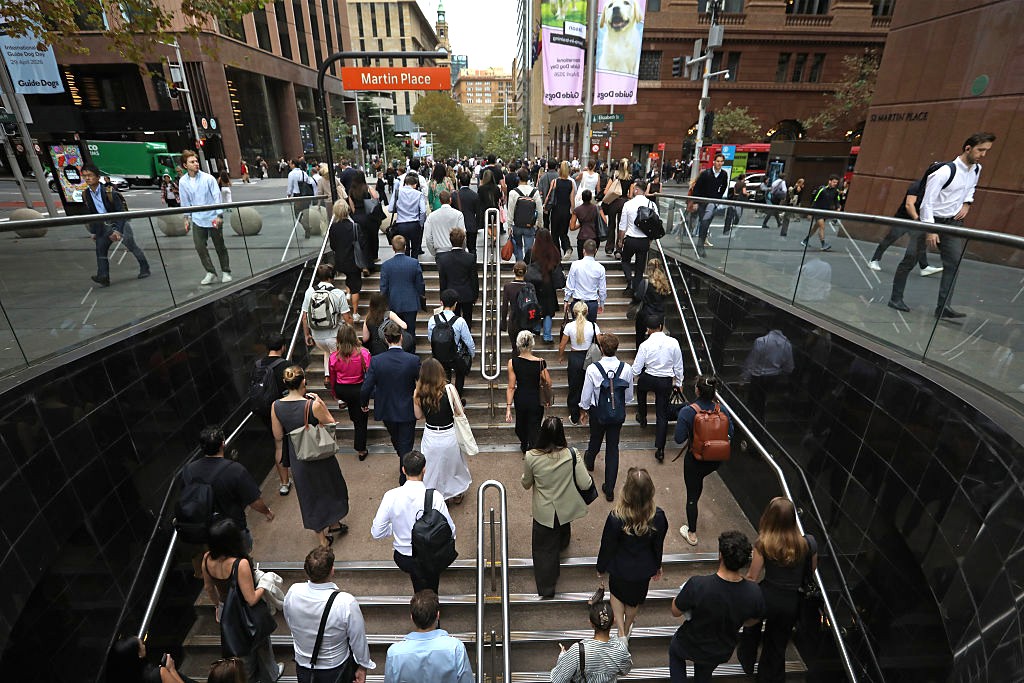 Pedestrians exit Martin Place train station in Sydney, Australia on May 4, 2026. (Lisa Maree Williams/Getty Images)