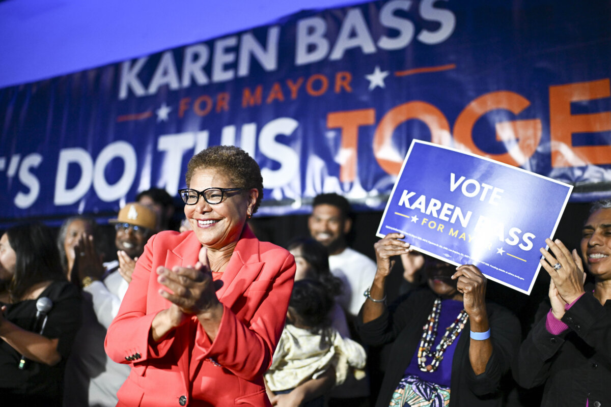 Los Angeles Mayor Karen Bass speaks during an election night event on June 2, 2026, in Los Angeles. (AP Photo/William Liang)
