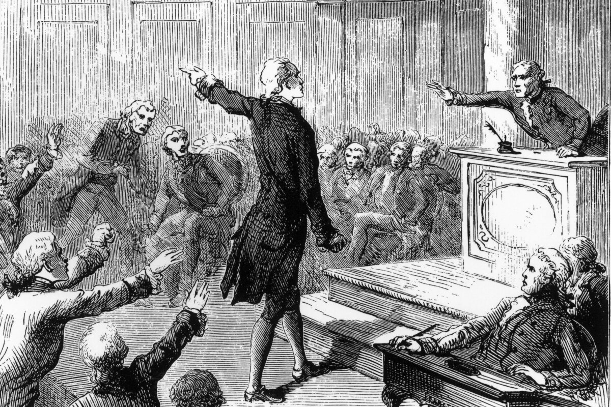 American statesman and patriot Patrick Henry (1736-1799) addresses the Virginia House of Burgesses in vehement opposition to the British Stamp Act, delivering his famous “If this be treason, make the most of it” speech. (MPI/Getty Images)