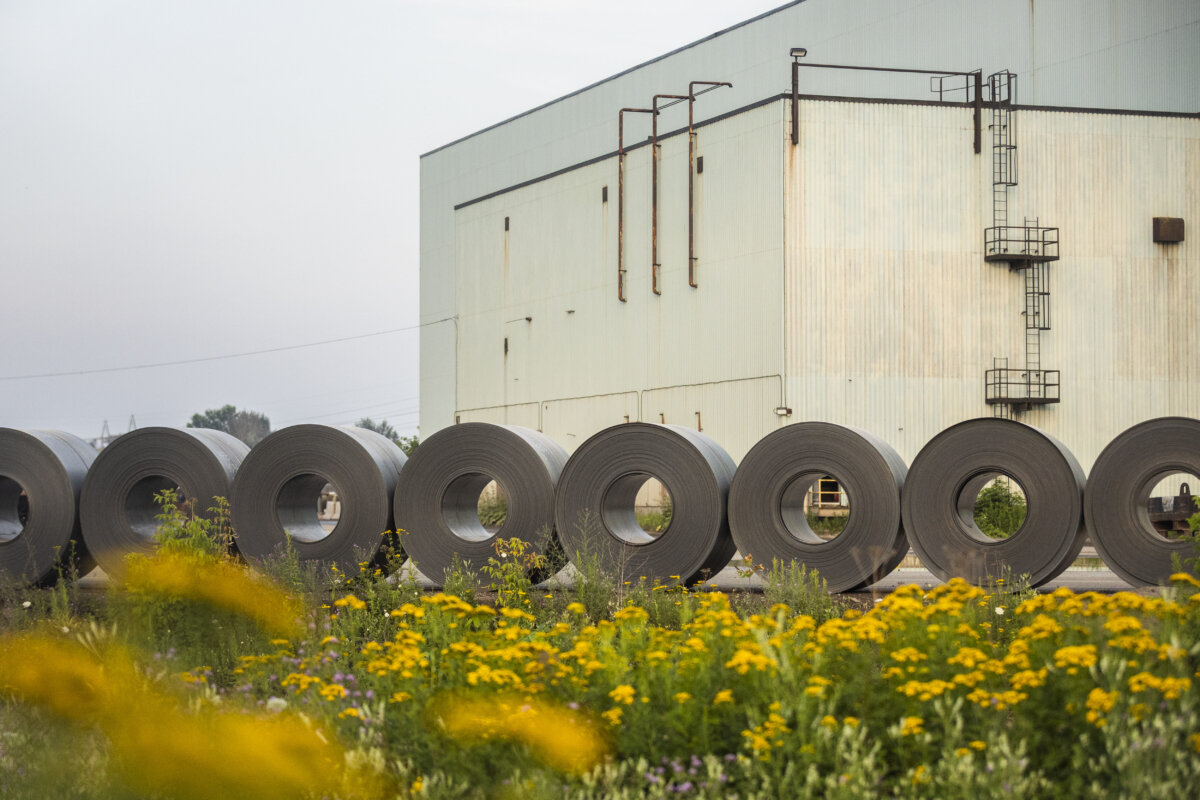 Rolled coils of steel sit in the yard at Algoma Steel Inc., the second largest steel producer in Canada, in Sault Ste. Marie, Ont., on July 25, 2025. (The Canadian Press/Nick Iwanyshyn)