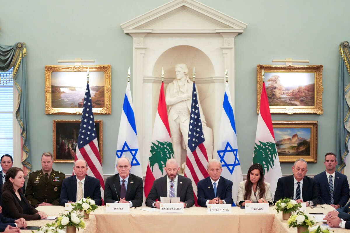 State Department Chief of Staff Daniel Holler speaks as Israeli Ambassador to the U.S. Yechiel Leiter and Lebanese Ambassador to the U.S. Nada Hamadeh, accompanied by U.S. Ambassador to Lebanon Michel Issa, attend a meeting between Israeli and Lebanese delegations hosted by the United States, after the Trump administration said Israel and Lebanon agreed to implement a ceasefire to end hostilities, at the State Department in Washington on June 3, 2026. (Nathan Howard/Reuters)
