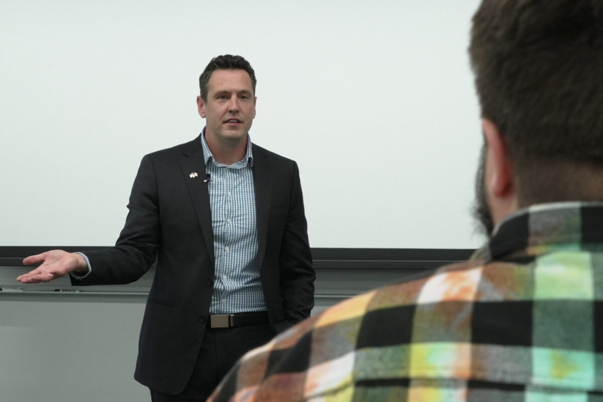 Zach Lahn, Republican candidate for Iowa governor, speaks to an environmental studies class at Drake University in Des Moines, Iowa, on May 6, 2026. (Brittany Peterson/AP Photo)