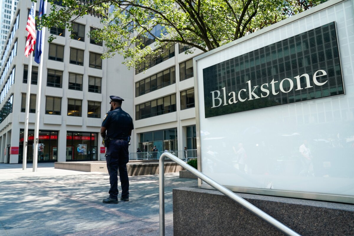 Signage for Blackstone is seen outside the 345 Park Avenue building in Midtown Manhattan in New York on July 29, 2025. (Timothy A Clary/AFP via Getty Images)