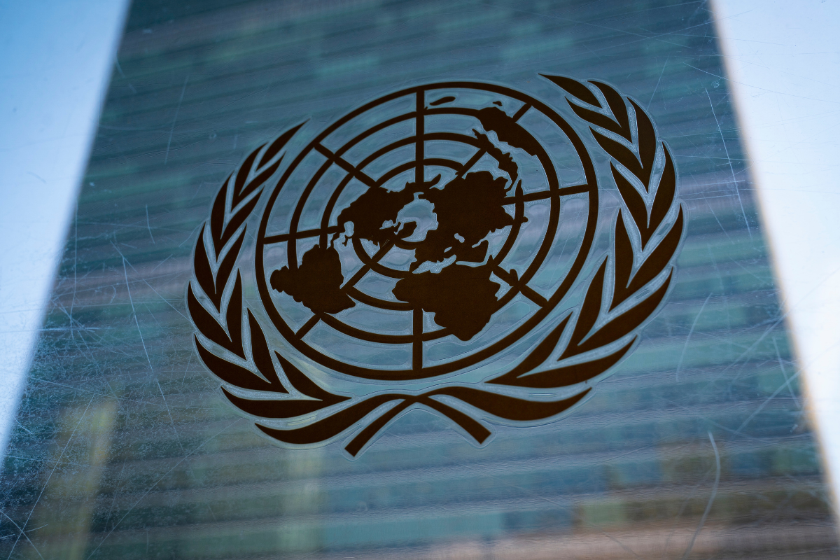 The symbol of the United Nations is displayed outside the Secretariat Building, at United Nations Headquarters in New York City, on Feb. 28, 2022. (John Minchillo/AP Photo)
