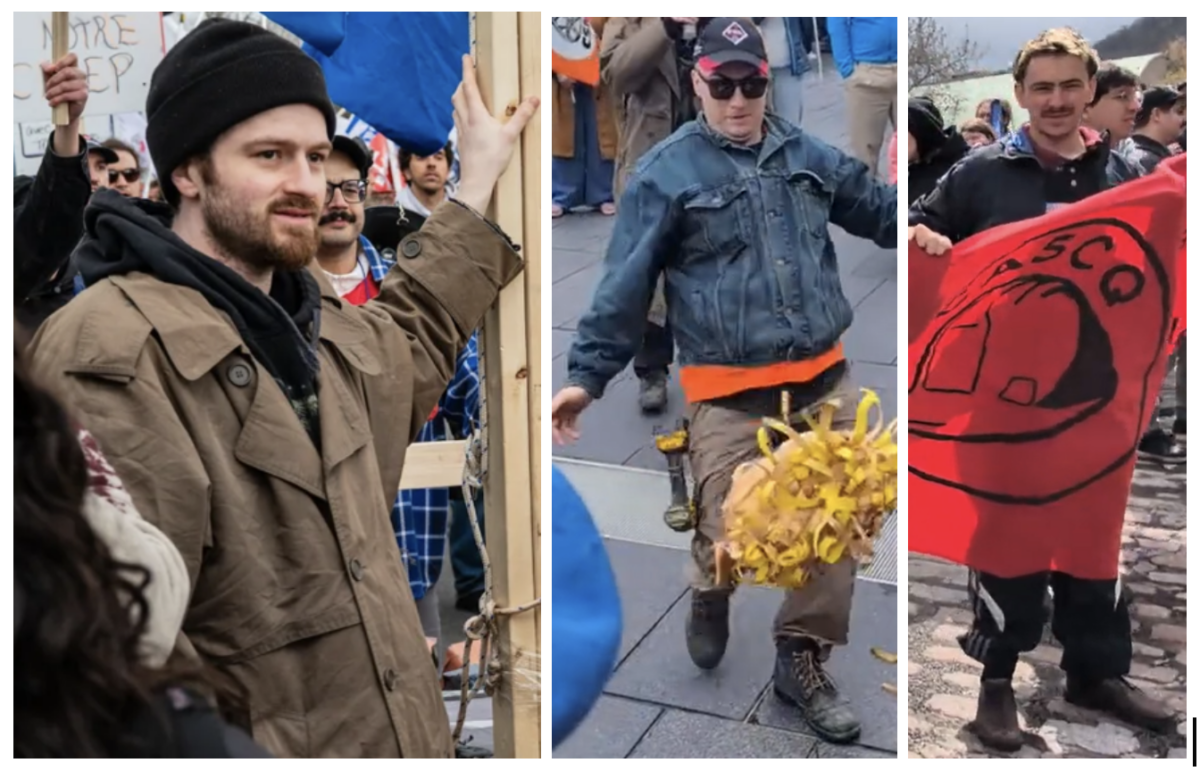 Three men being sought by Montreal police in connection with the beheading of an effigy of the Quebec labour minister are seen in a composite screen grab.
(Montreal police photo)