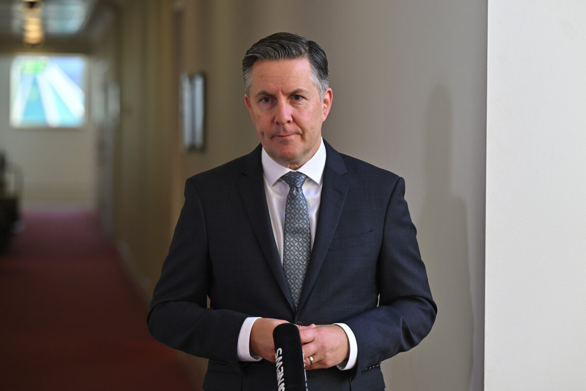 Minister for Health Mark Butler speaks to journalists in the press gallery at Parliament House in Canberra, on Feb. 10, 2025. (AAP Image/Mick Tsikas)