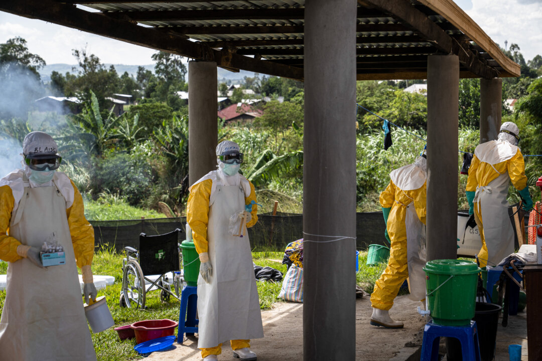Doctors Without Border (MSF) personnel at the Elikya clinic Ebola treatment center prepare to enter the hospital rooms for Ebola patients in Bunia, in eastern Congo, on June 5, 2026. (Glody Murhabazi/AFP via Getty Images)