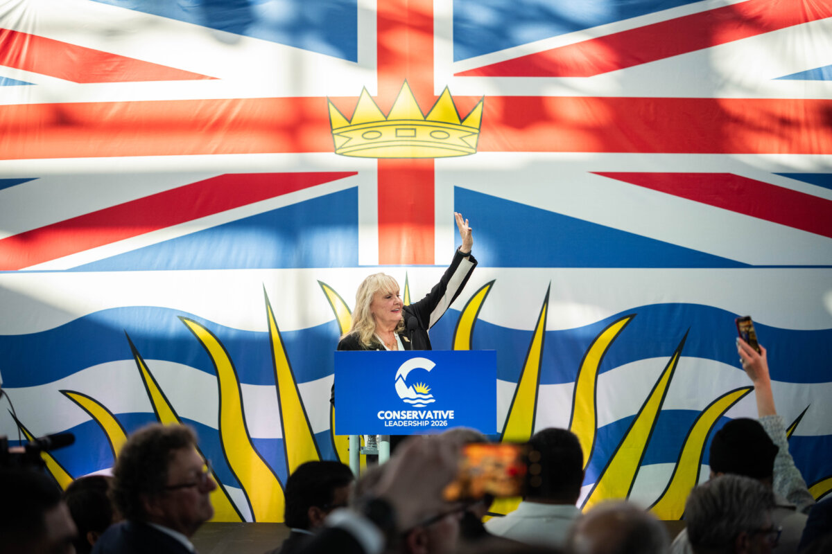 Elected leader of the B.C. Conservative Party Kerry-Lynne Findlay speaks during leadership election night in Vancouver, on May 30, 2026. (The Canadian Press/Ethan Cairns)