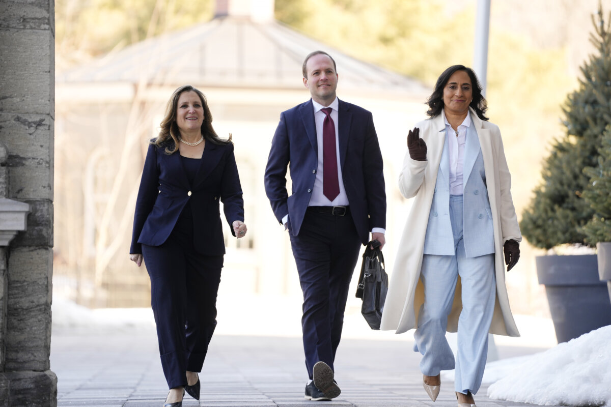 Chrystia Freeland, Nathaniel Erskine-Smith and Anita Anand arrive for a swearing-in ceremony at Rideau Hall in Ottawa on March 14, 2025. (The Canadian Press/Justin Tang)