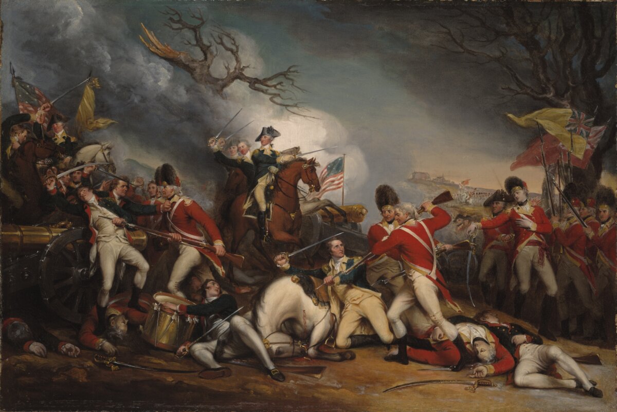“The Death of General Mercer at the Battle of Princeton, January 3, 1777,” a painting by John Trumbull depicting Benjamin Rush and Gen. George Washington entering from the background with Capt. William Leslie, shown on the right, mortally wounded. (Public Domain)