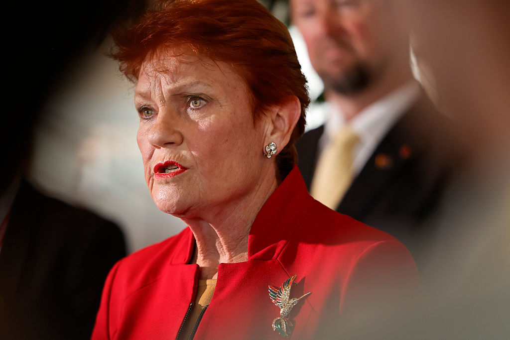 One Nation Leader Pauline Hanson speaks during a press conference at Parliament House in Canberra, Australia on May 13, 2026. (Hilary Wardhaugh/Getty Images)