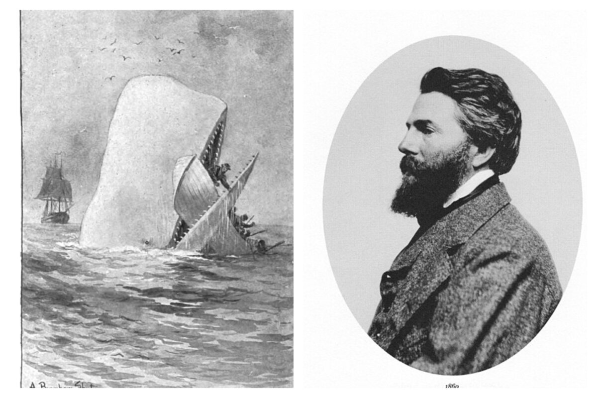 (Left) An illustration from the 1896 edition of "Moby Dick." (Public Domain) (Right) Herman Melville in 1860. The work was considered a major commercial failure during his lifetime, only achieving acclaim and legendary status decades after his death. (Public Domain)