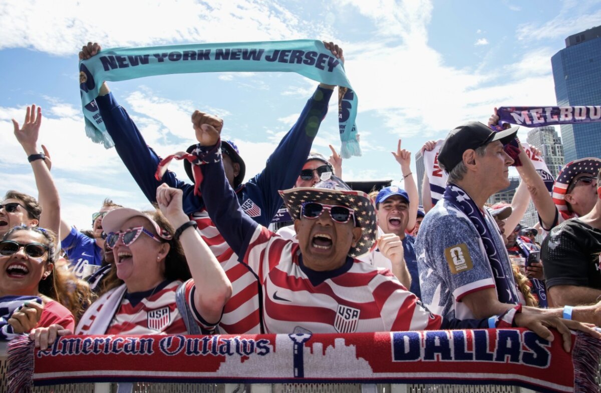Fans celebrate during the announcement of the U.S. men's national soccer team roster in New York City on May 26, 2026. (Eduardo Munoz Alvarez/AP)