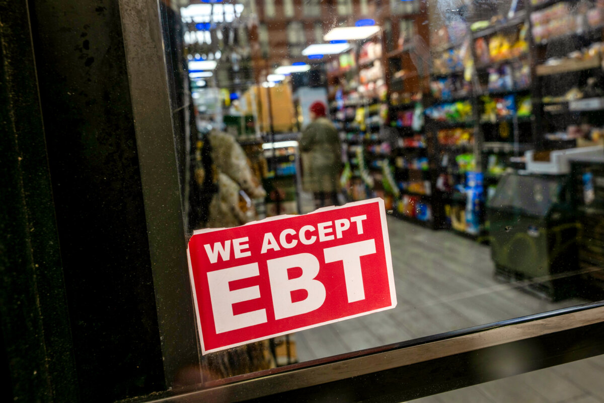 A store displays a sign for Electronic Benefits Transfer (EBT) cards for Supplemental Nutrition Assistance Program (SNAP) purchases in New York City on Oct. 30, 2025. (Spencer Platt/Getty Images)