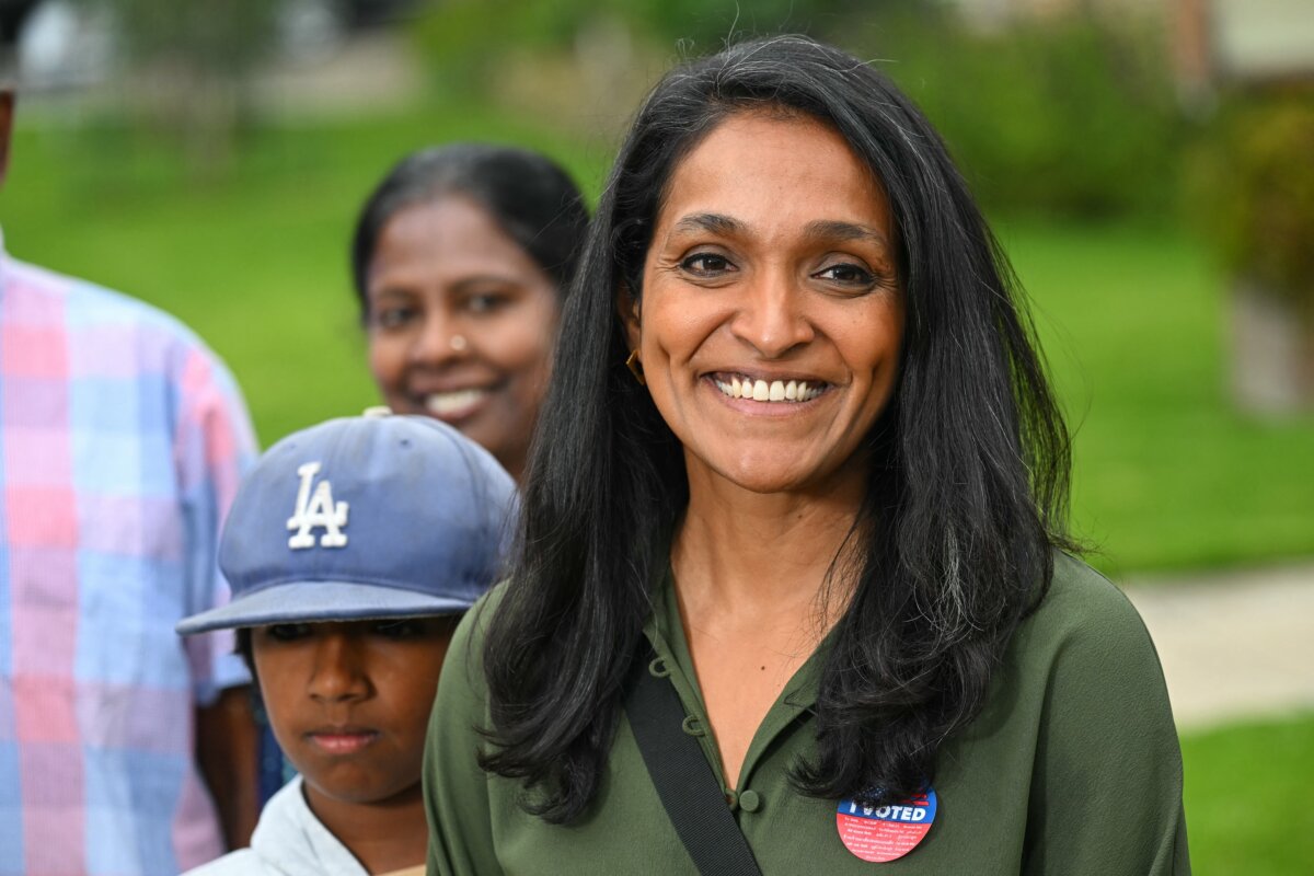 Los Angeles Councilmember Nithya Raman speaks to members of the media after voting in the state's primary election at Silverlake Community Church in Los Angeles on June 2, 2026. (Patrick T. Fallon/AFP via Getty Images)