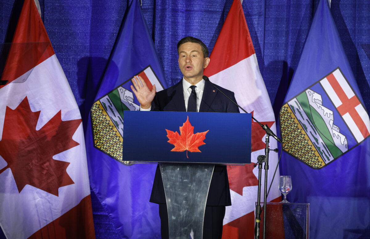 Conservative Leader Pierre Poilievre delivers a speech on national unity in Calgary on June 8, 2026. (The Canadian Press/Jeff McIntosh)