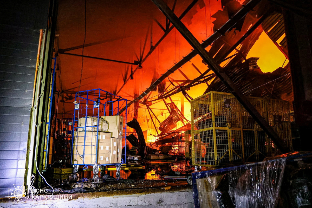 A sorting center of Ukraine's national post hit by a Russian drone strike, amid Russia's attack on Ukraine, in Kharkiv, Ukraine, on June 8, 2026. (Press service of the State Emergency Service of Ukraine in Kharkiv region/Handout via Reuters)