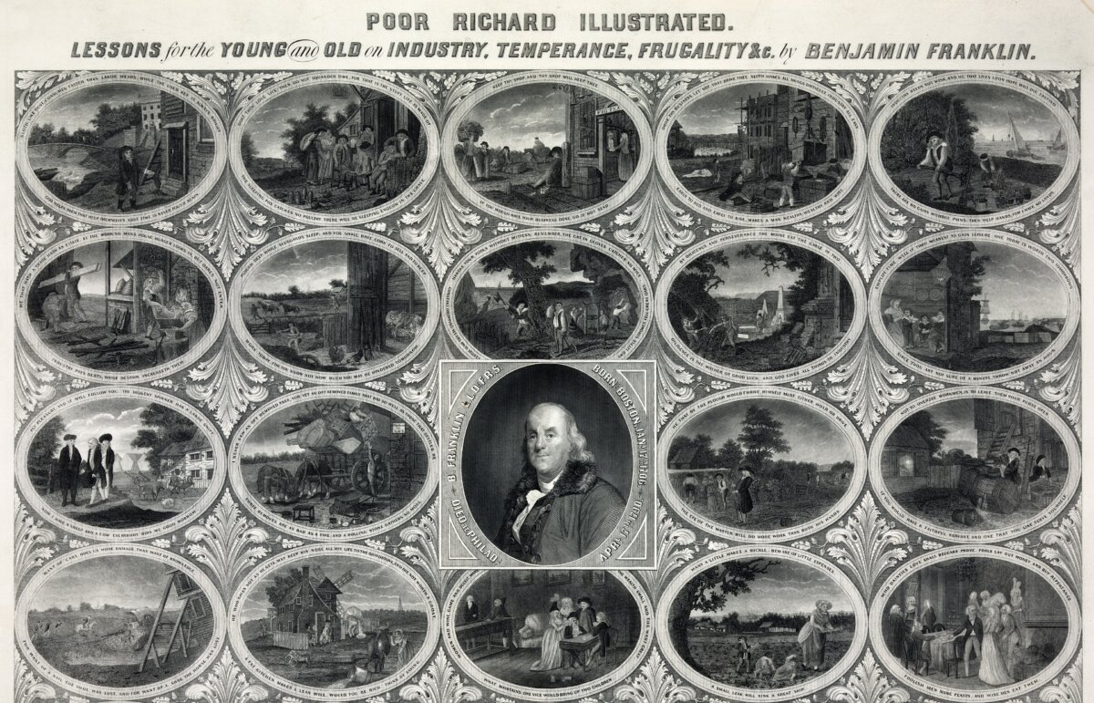 A 19th-century print based on Poor Richard's Almanack, showing the author surrounded by 19 illustrations of many of his best-known sayings. The original print showed 24. Library of Congress. (Public Domain)