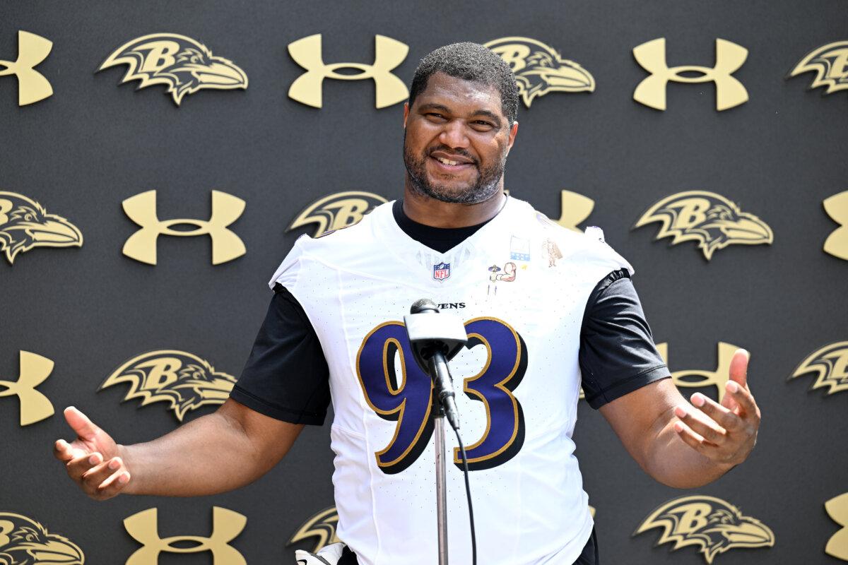 Calais Campbell #93 of the Baltimore Ravens talks to the media after Baltimore Ravens Mandatory Minicamp at Under Armour Performance Center in Owings Mills, Maryland, on June 9, 2026. (Greg Fiume/Getty Images)