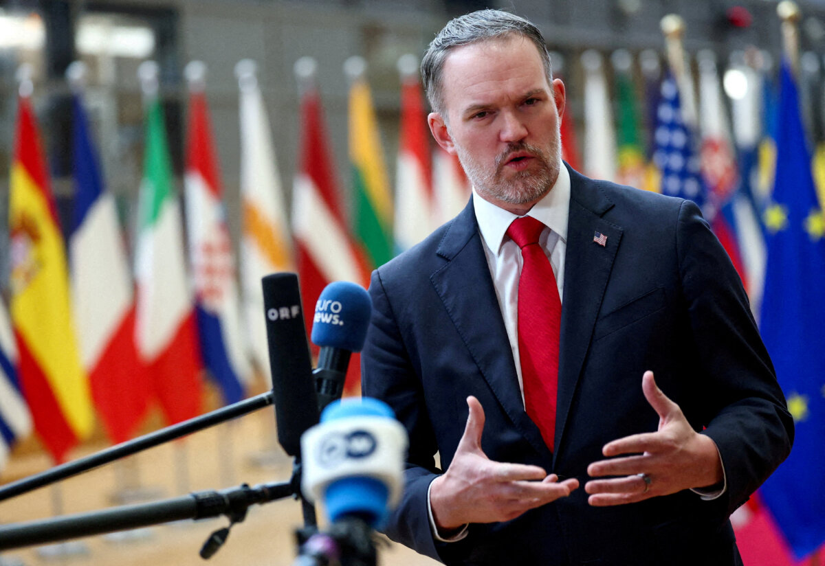U.S. Trade Representative Jamieson Greer speaks to reporters, on the day he attends a working lunch with European Union ministers responsible for trade, in Brussels on Nov. 24, 2025. (Iroschka van de Wouw/Reuters)