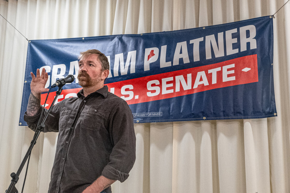 Democratic U.S. Senate candidate Graham Platner speaks to voters at a town hall at the Elks Lodge 188 in Portland, Maine, on June 7, 2026. (Laura Brett/Getty Images)