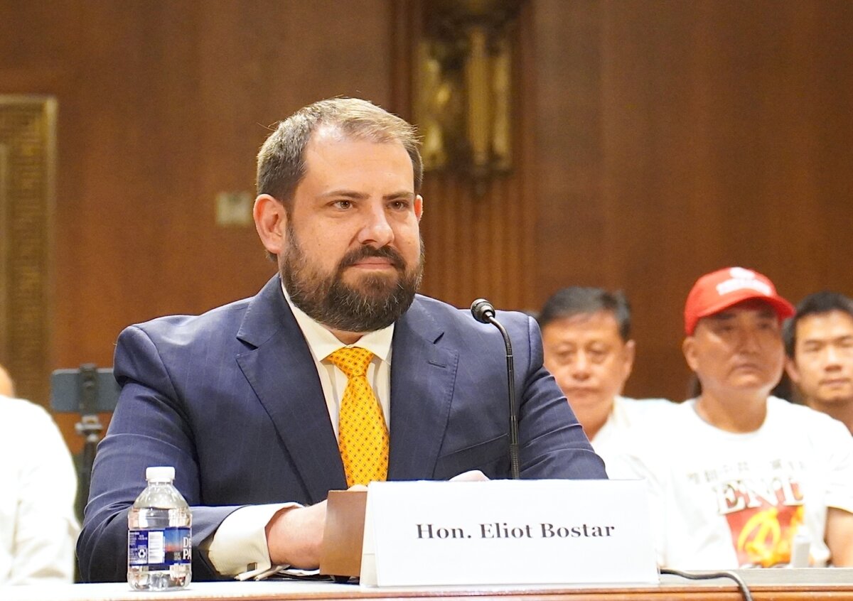 Nebraska state Sen. Eliot Bostar testifies at a Congressional-Executive Commission on China hearing on the Chinese Communist Party’s transnational repression and malign influence in the United States, in Washington on June 4, 2026. (Li Chen/The Epoch Times)