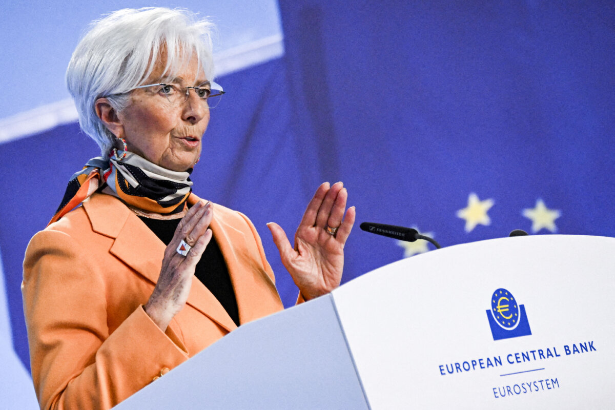 European Central Bank President Christine Lagarde speaks to the media following the Governing Council's monthly monetary policy meeting in Frankfurt, Germany, on March 6, 2025. (Jana Rodenbusch/Reuters)
