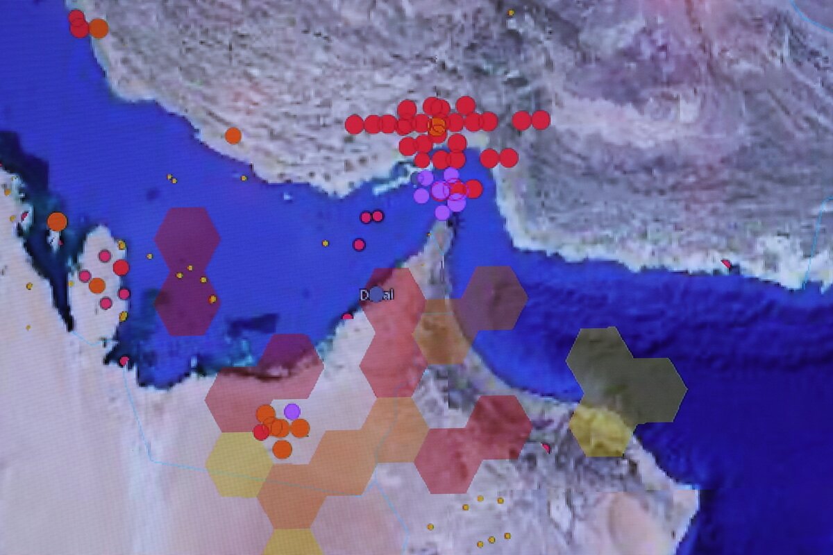 A digital map created by the Hybrid Intelligence department of Helmut Schmidt University shows points of conflict and disruptions in the Strait of Hormuz in April at the launch of the Resilia Innohub innovation hub in Berlin, Germany, on May 27, 2026. (Sean Gallup/Getty Images)