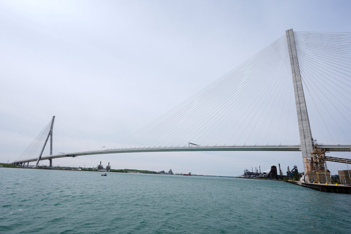 The Gordie Howe Bridge is shown under construction between Windsor, Ont., and Detroit, Mich., on May 22, 2026. (AP Photo/Paul Sancya, File)
