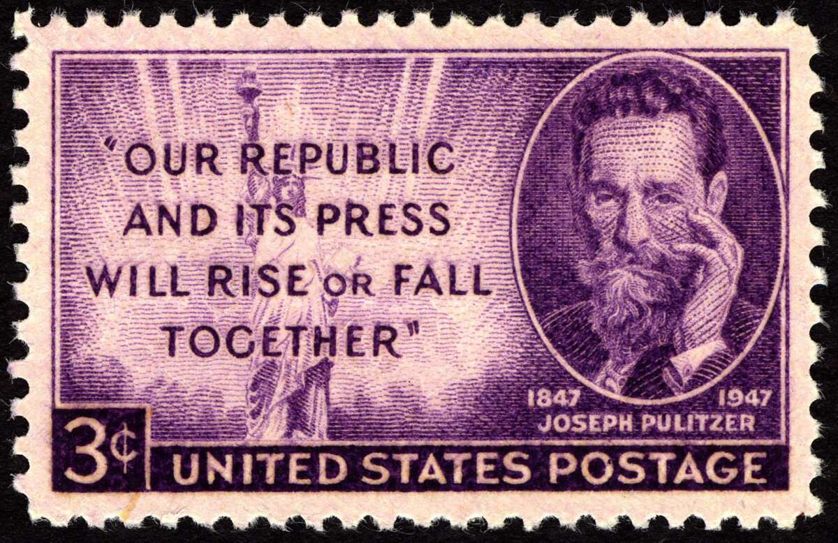 Joseph Pulitzer commemorative stamp, issued in 1947. National Postal Museum. (Public Domain)