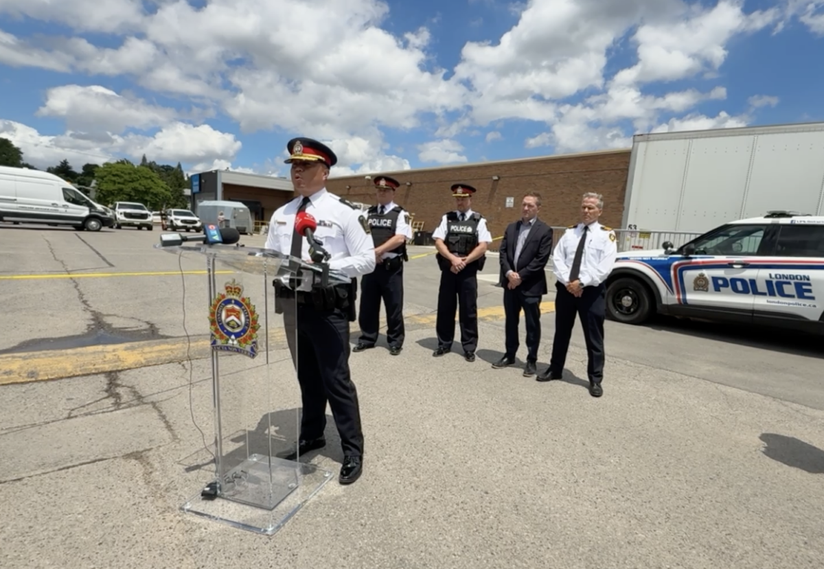 London Police Chief Thai Truong speaks at a press conference on June 12, 2026. He said seven people were hospitalized after a vehicle crashed through a brick wall at the Sherwood Forest Mall and into a fitness centre. (London Police/ Screenshot via The Epoch Times)