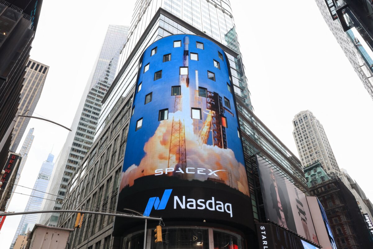 A view of the Nasdaq MarketSite after SpaceX company executives rang the opening bell to celebrate the launch of SpaceX's initial public offering in New York on June 12, 2026. (Timothy A. Clary/AFP via Getty Images)