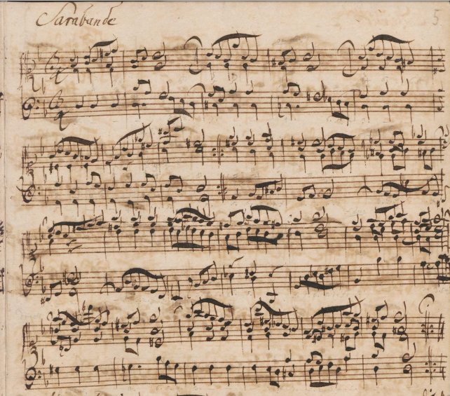 The manuscript of Sarabande, by Bach, circa 1720. (Public Domain)